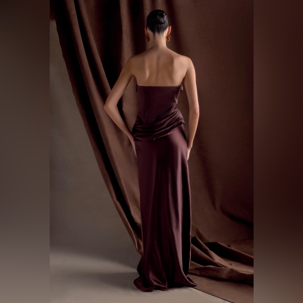 MESHKI Jasmine Strapless Satin Maxi Dress - Chocolate Brown - Picture 3 of 6